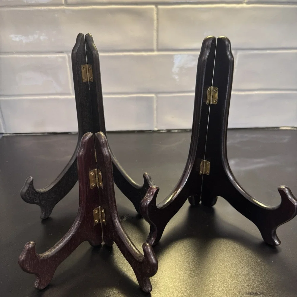 Three Hinged Easel Plate Holders Wooden‎ Folding 8 in & 5 in